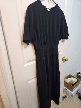 Black Smocked Waist Ankle Length Dress